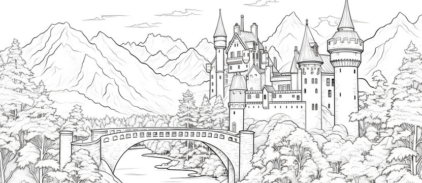 Sketch painting of a castle on a mountain and a natural landscape of mountains and rivers 3