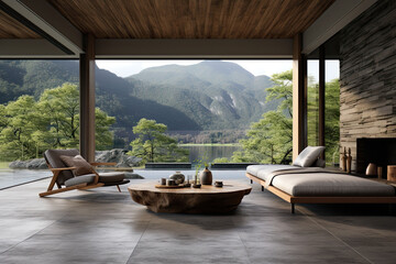 Fototapeta premium Interior of modern living room with wooden walls, concrete floor, panoramic window and mountain view