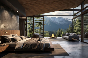 Interior of modern living room with wooden walls, concrete floor, panoramic window and mountain view