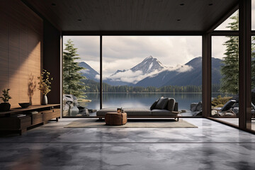 Interior of modern living room with wooden walls, concrete floor, panoramic window and mountain view