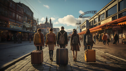 A group of friends with suitcases walk down a city street