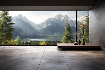 Interior of modern living room with wooden walls, concrete floor, panoramic window and mountain view - obrazy, fototapety, plakaty