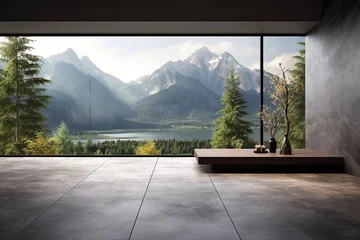 Gordijnen Interior of modern living room with wooden walls, concrete floor, panoramic window and mountain view © ttonaorh