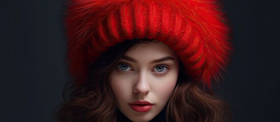 Elegant girl with red hat and soft pompom cropped view on gray background
