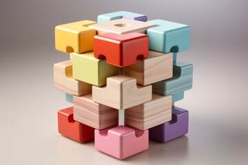 Wooden toy puzzle, inspiring problem-solving and creativity in gentle pastel tones, Generative AI