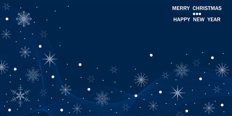 New Year's and Christmas. Abstract holiday background. Snowflakes and light wave from lines on dark blue background. Template for postcards, posters, invitations, publications.