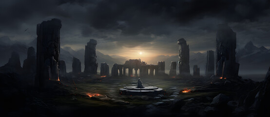 A mysterious painting depicts an eerie light cast by small bonfires arranged in a circle at Stonehenge 10