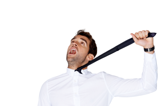 Stress, depressed man and neck tie for scream, fail or mental health for stock crash by transparent png background. Young accountant, crisis and mental health for burnout, anxiety and depression