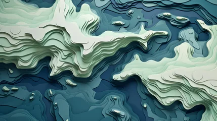 Fototapete Grün blau Abstract topographic map landscape. Paper cutout style of mountain and river