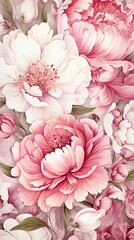 Peony flowers watercolor background. Vertical image for mobile