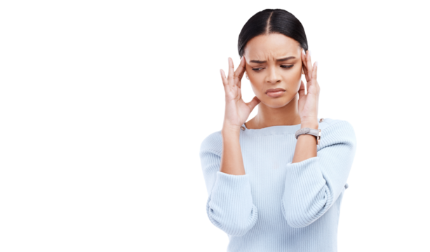 Headache, mental health problem or woman stress over mistake, crisis or depressed over anxiety, burnout or fail. Sad, migraine or person looking at advertising isolated on transparent, png background