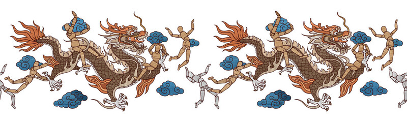 Seamless character design chinese wooden puppet pose and wood texture dragon graphics style pattern on background.	
