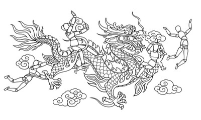 Seamless character design chinese wooden puppet pose and wood texture dragon graphics style pattern on background.	
