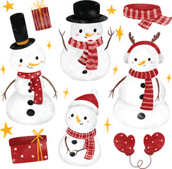 Watercolor Illustration set of Snowman and gifts