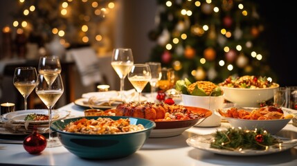 Naklejka na ściany i meble Christmas or New Year's dinner table full of dishes with food and snacks background.