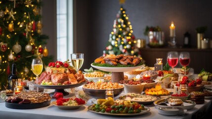 Obraz premium Christmas or New Year's dinner table full of dishes with food and snacks background.
