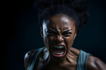 Fototapeta premium Angry young adult African American woman yelling, head and shoulders portrait on black background. Neural network generated image. Not based on any actual person or scene.