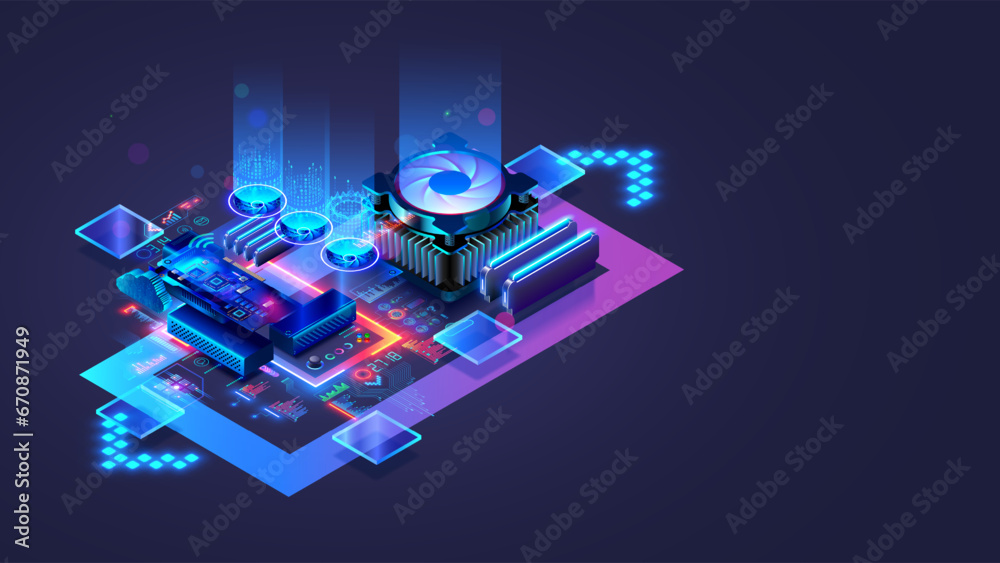 Poster CPU. Abstract digital chip computer processor and electronic components on motherboard or circuit board. Technology develop electronic devices on microchip or microprocessor, hardware engineering. AI.