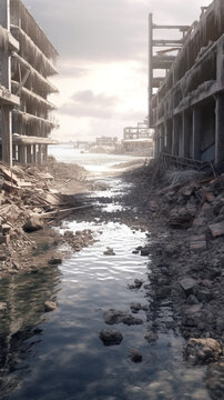 津波で破壊された都市の大惨事を表現したイメージイラスト
