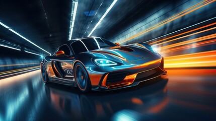 Futuristic Sports Car On Highway. Powerful acceleration of a supercar on a night track with lights and trails. 3d illustration. - obrazy, fototapety, plakaty