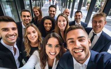 Fototapeta premium Selfie of happy business people taking photo with a phone. Multiracial teamwork taking a portrait of big group of colleagues. Corporative lifestyle of a diverse office workers in a financial center