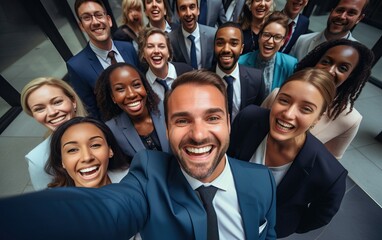 Selfie of happy business people taking photo with a phone. Multiracial teamwork taking a portrait of big group of colleagues. Corporative lifestyle of a diverse office workers in a financial center - obrazy, fototapety, plakaty