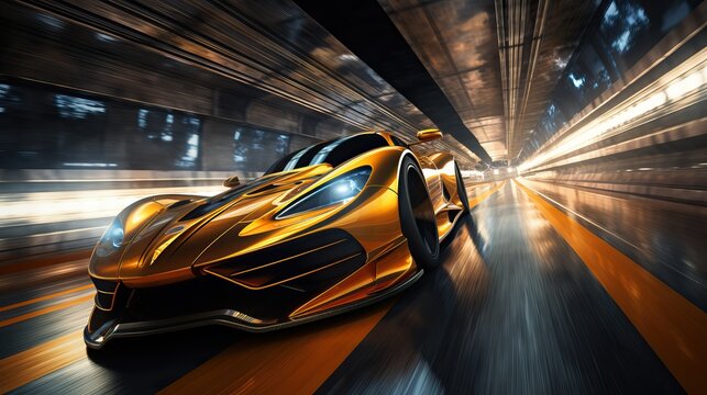 Futuristic Sports Car On Highway. Powerful acceleration of a supercar on a night track with lights and trails. 3d illustration.
