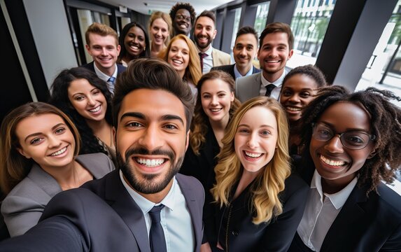 Selfie of happy business people taking photo with a phone. Multiracial teamwork taking a portrait of big group of colleagues. Corporative lifestyle of a diverse office workers in a financial center