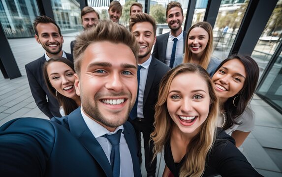 Selfie of happy business people taking photo with a phone. Multiracial teamwork taking a portrait of big group of colleagues. Corporative lifestyle of a diverse office workers in a financial center