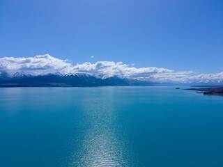 Drone view of Lake Pukaki in New Zealand_뉴질랜드 푸카키 호수 드론뷰