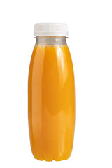 transparent plastic bottle with orange or other yellow juice with a white stopper, isolated on a white background