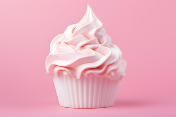 Whipped cream in cup on pink background
