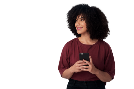 Happy, thinking and a woman with a phone for social media, notification or chat idea. Smile, vision and a young model or girl typing on a mobile for an app isolated on a transparent png background