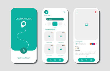 Design reviews of online holiday destinations for mobile applications. Holiday tourist destination review platform screen. Graphical user interface for responsive mobile applications