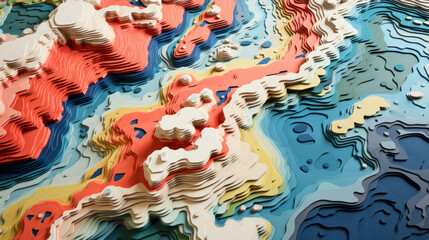 Abstract topographic map landscape. Paper cutout style of mountain and river - obrazy, fototapety, plakaty