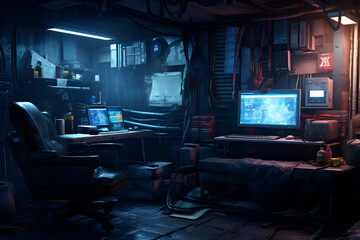 Messy and dark hi-tech cyberpunk hacker hideout room. Neural network generated image. Not based on any actual person or scene. - obrazy, fototapety, plakaty