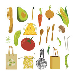 A set of zero waste products. A collection of eco-friendly, reusable items and packaging. Vector hand-drawn illustration