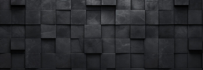 Black antharcite dark stone concrete cement texture with square cubes mosaic background panorama banner long - obrazy, fototapety, plakaty
