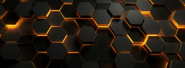 Abstract futuristic luxurious digital geometric technology hexagon background banner illustration. Glowing gold, brown, gray and black hexagonal shape texture wall