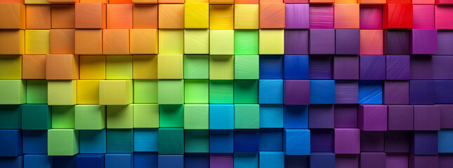 Abstract geometric rainbow colors colored wooden square cubes texture wall background banner illustration panorama long, textured wood wallpaper