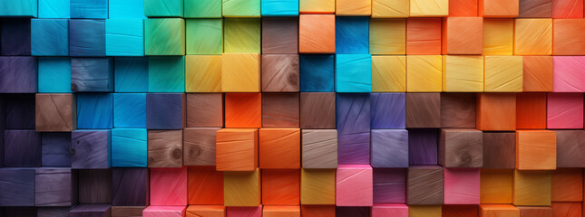 Abstract geometric rainbow colors colored wooden square cubes texture wall background banner illustration panorama long, textured wood wallpaper - obrazy, fototapety, plakaty