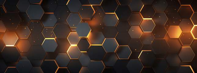 Abstract futuristic luxurious digital geometric technology hexagon background banner illustration. Glowing gold, brown, gray and black hexagonal shape texture wall - obrazy, fototapety, plakaty