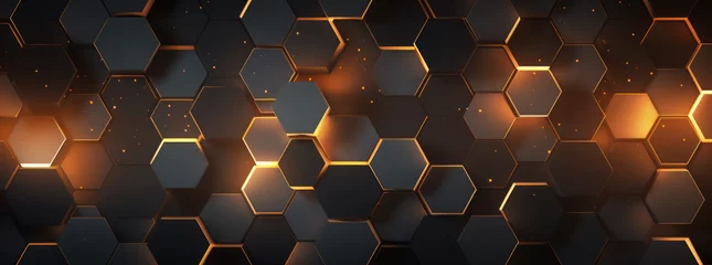 Fotobehang Abstract futuristic luxurious digital geometric technology hexagon background banner illustration. Glowing gold, brown, gray and black hexagonal shape texture wall © GustavsMD