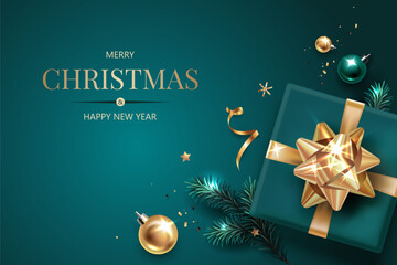 Horizontal banner with gold and green Christmas symbols and text. Christmas tree, balls, golden tinsel confetti and snowflakes on green background. Luxury background.
