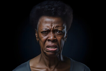 Fototapeta premium Angry senior African American woman, head and shoulders portrait on black background. Neural network generated image. Not based on any actual person or scene.