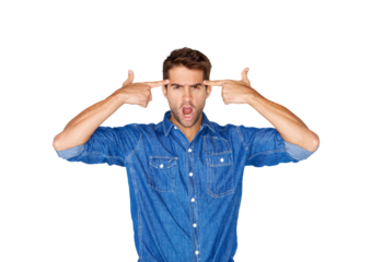 Isolated man, finger gun and anxiety in portrait, shout and angry by transparent png background. Young student guy, scream or depression for shooting icon, emoji and hand for stress, tired or fatigue