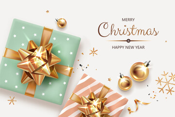 Fototapeta na wymiar Square banner with gold Christmas symbols and text. Christmas gifts, balls, decoration and other festive elements on light background. 