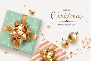 Fotobehang Square banner with gold Christmas symbols and text. Christmas gifts, balls, decoration and other festive elements on light background.  © Yulia Ogneva