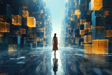 An abstract background image for creative content, envisioning the future and technology, with a woman walking through a three-dimensional digital space. Photorealistic illustration