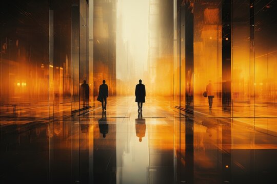 An abstract background image for creative content, pondering the future and technology, with people walking out of a building, suggesting a sense of isolation. Photorealistic illustration